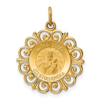 14k Polished and Satin Solid Matka Boska Czestochowska Medal Reversible Scalloped Edge Round Pendant