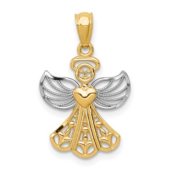 14K and White Rhodium Filigree Angel with Heart Pendant