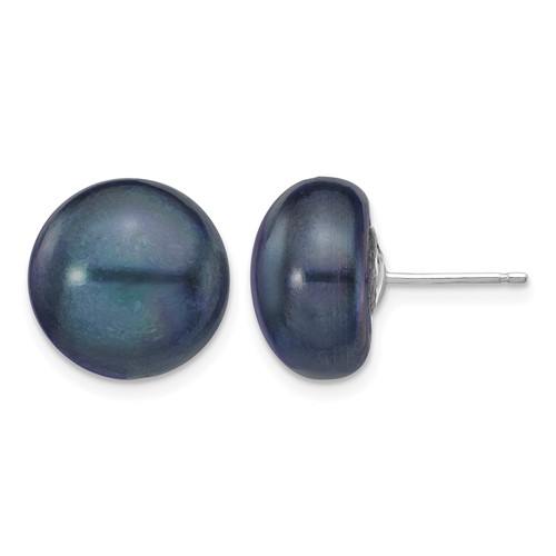 14k White Gold 12-13mm Black Button FW Cultured Pearl Stud Post Earrings
