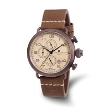 Image of Mens Charles Hubert Brown IP-plated Leather Band 46mm Dual Time Watch