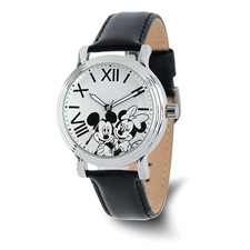 NWT Disney Watch  Mickey Mouse  Silver Tone Black Leather Band Disney Men main image 4