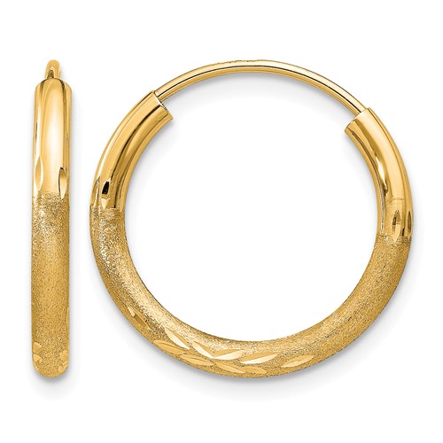 10k 2mm Satin Diamond-cut Endless Hoop Earrings