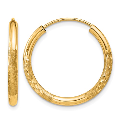 10k 2mm Satin Diamond-cut Endless Hoop Earrings