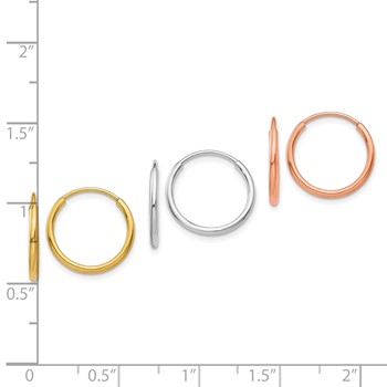 14k Tri-color Polished 3-pair 1.2x14mm Endless Tube Hoop Earring Set — alternate view