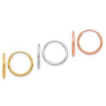 14k Tri-color Polished 3-pair 1.2x14mm Endless Tube Hoop Earring Set