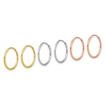 14k Tri-color Polished 3-pair 1.2x16mm Endless Tube Hoop Earring Set — alternate view