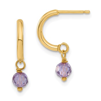 14ky Round Purple CZ Dangle C-Hoop Earrings