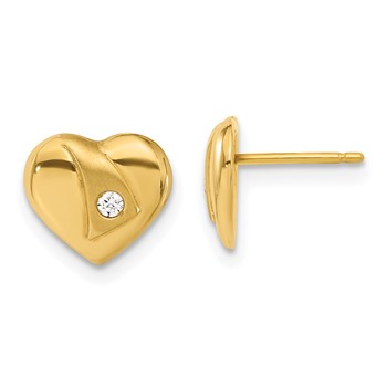 14ky Polished & Satin CZ Heart Post Earrings