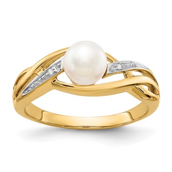 14k 5-6mm White Freshwater Cultured Pearl and Diamond Ring
