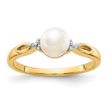 14k 6mm White Freshwater Cultured Pearl and Diamond Ring