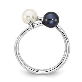 14k White Gold 5-6mm Black and White Round Akoya Saltwater Cultured Pearl and .04 Carat Diamond Adjustable Ring — alternate view