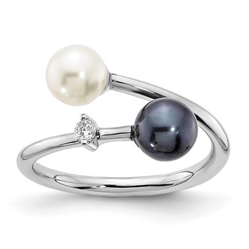 14k White Gold 5-6mm Black and White Round Akoya Saltwater Cultured Pearl and .04 Carat Diamond Adjustable Ring