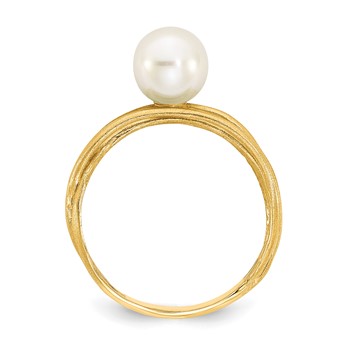 14K 7-8mm Round White Freshwater Cultured Pearl Brushed Ring — alternate view