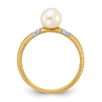 14K Textured 6-7mm Round White FWC Pearl and .09ct Diamond Ring — alternate view