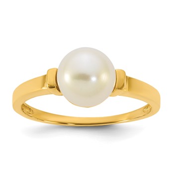 14k Polished 7-8mm Button White Freshwater Cultured Pearl Size 7 Ring