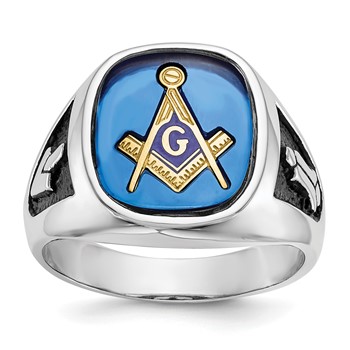 IB Goodman 14k White Gold Mens Polished and Textured with Black Enamel and Imitation Blue Spinel Masonic Ring