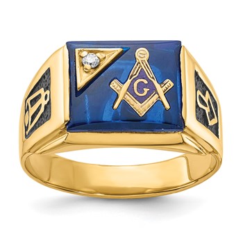 IB Goodman 14k Mens Polished and Textured Black Enameled Imitation Blue Spinel and AA Quality Diamond Masonic Ring