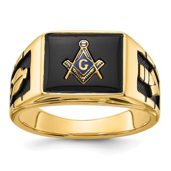 IB Goodman 14k Mens Polished and Textured with Black Enamel and Onyx Masonic Ring