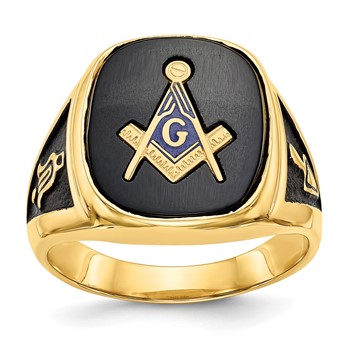 IB Goodman 14k Mens Polished and Textured with Black Enamel and Onyx Masonic Ring