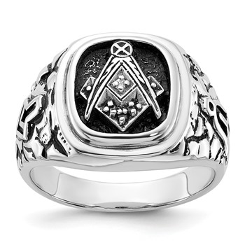 IB Goodman 14k White Gold Mens Polished/Antiqued Nugget Texture with Black Enamel and AA Quality Diamonds Masonic Ring