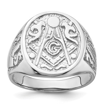 IB Goodman 14k White Gold Mens Polished and Grooved (No Enamel) Masonic Ring