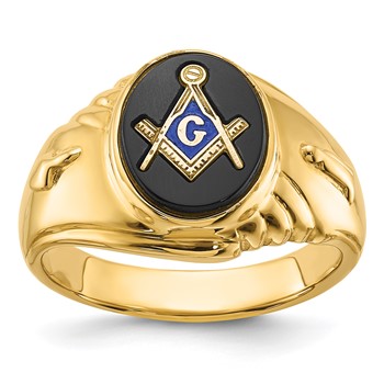 IB Goodman 14k Mens Polished and Textured with Oval Onyx Masonic Ring