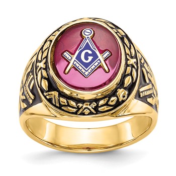 IB Goodman 14k Mens Polished Antiqued and Textured with Lab Created Ruby Masonic Ring