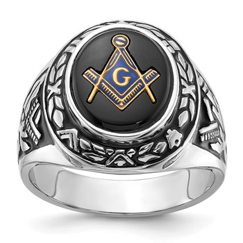IB Goodman 14k White Gold Mens Polished/Antiqued and Textured with Oval Onyx Masonic Ring