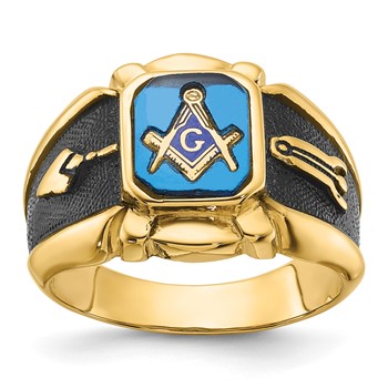 IB Goodman 14k Mens Polished/Antiqued and Textured Imitation Blue Spinel Masonic Ring