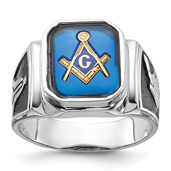 IB Goodman 14k White Gold Polished and Textured with Black Enamel and Imitation Blue Spinel Masonic Ring