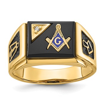 IB Goodman 14k Mens Polished and Textured with Black Enamel Onyx and AA Quality Diamond Masonic Ring