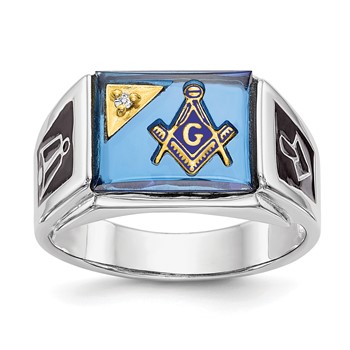 IB Goodman 14k White Gold Mens Polished and Textured with Black Enamel Diamond and Imitation Blue Spinel Masonic Ring