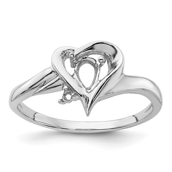 14k White Gold Holds 1-1.3mm Round and 1-6x4mm Pear Gemstone Heart Ring Mounting