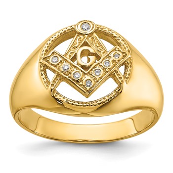 14k White Gold Men's Polished and Textured AA Quality Diamond Masonic Ring