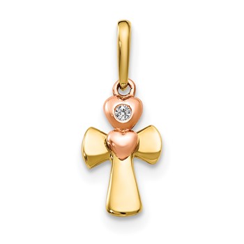 14k Yellow and Rose Gold CZ Cross Heart Childrens Pendant