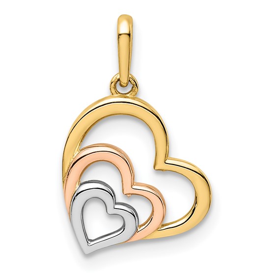 14K w/Rose and White Rhodium Polished 3 Hearts Pendant - Quality Gold