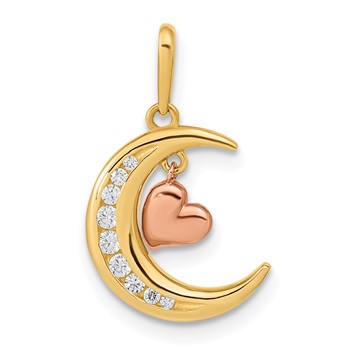 14K Two-tone CZ Moon with Dangle Heart Pendant