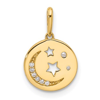 14k Polished CZ Moon and Stars in Disc Pendant