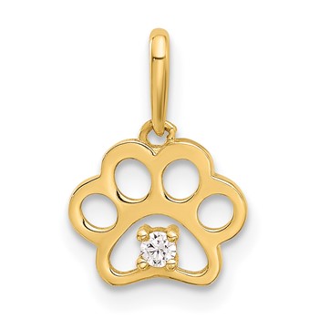 14k Polished CZ Cut-out Paw Print Pendant