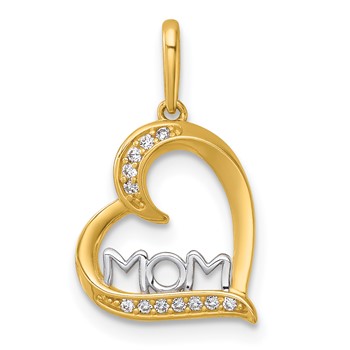 14k and Rhodium Polished White CZ Sideways Open Heart MOM Pendant