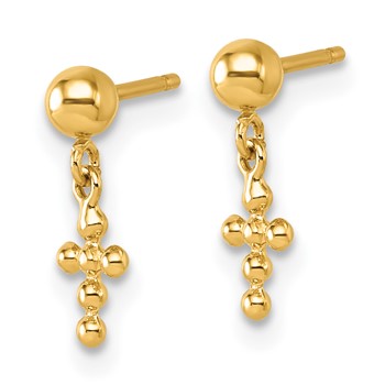14K Polished Beaded Cross Dangle Post Earrings — alternate view