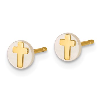 14K Polished Round Mother of Pearl with Cross Post Earrings — alternate view