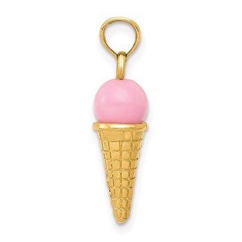 14K Satin Polished 3-D Pink Quartz Bead Ice Cream Cone Charm — alternate view