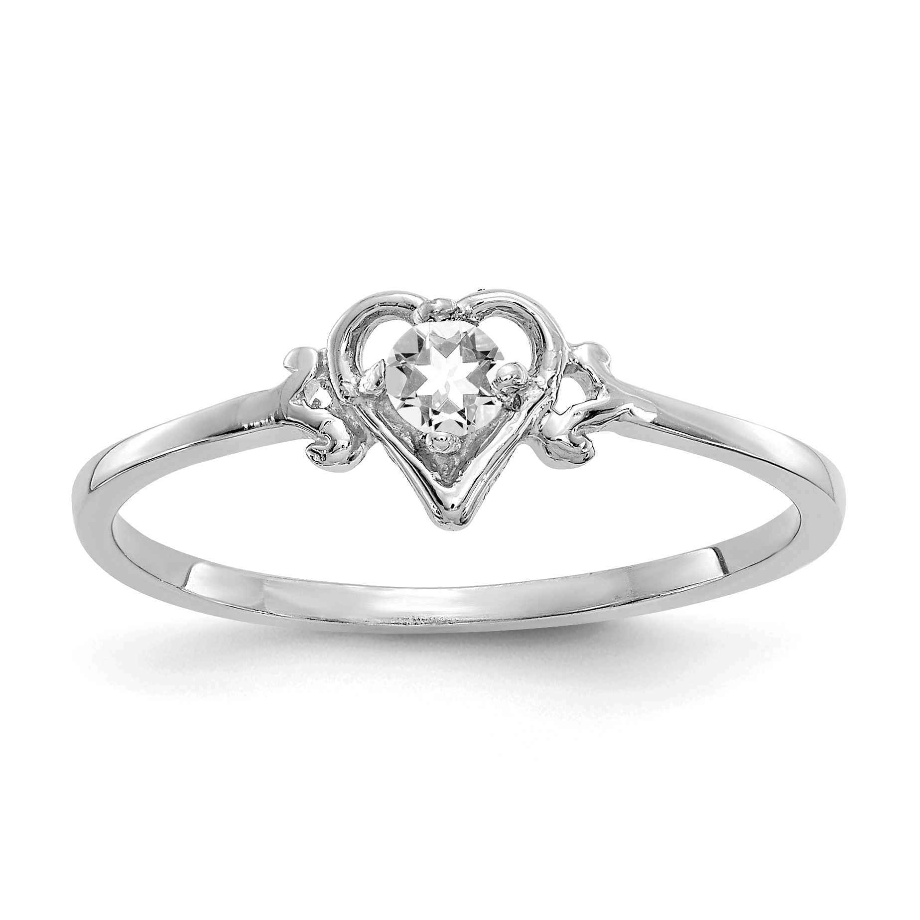 10K White Gold 3mm Round April/ White Topaz Birthstone Heart Size 7 Ring