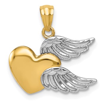 14K and White Rhodium Polished Heart with Wings Pendant