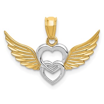 14K and White Rhodium Polished Hearts with Wings Pendant