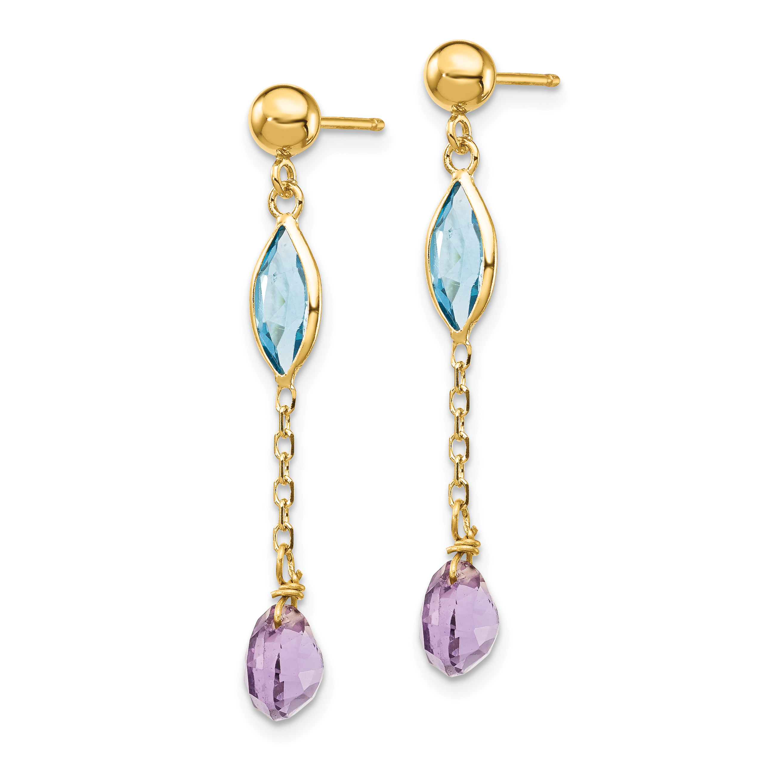 Amethyst Blue Topaz Dangle Post Earrings 14k Yellow Gold 35x5mm Women's product image view 2