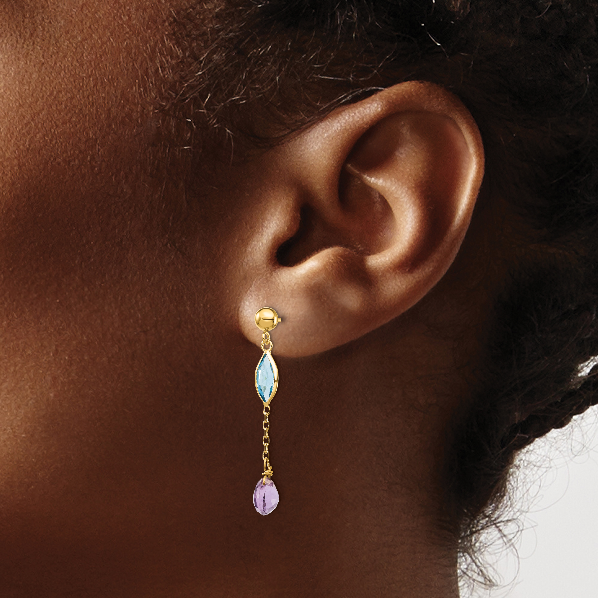 Amethyst Blue Topaz Dangle Post Earrings 14k Yellow Gold 35x5mm Women's product image view 3