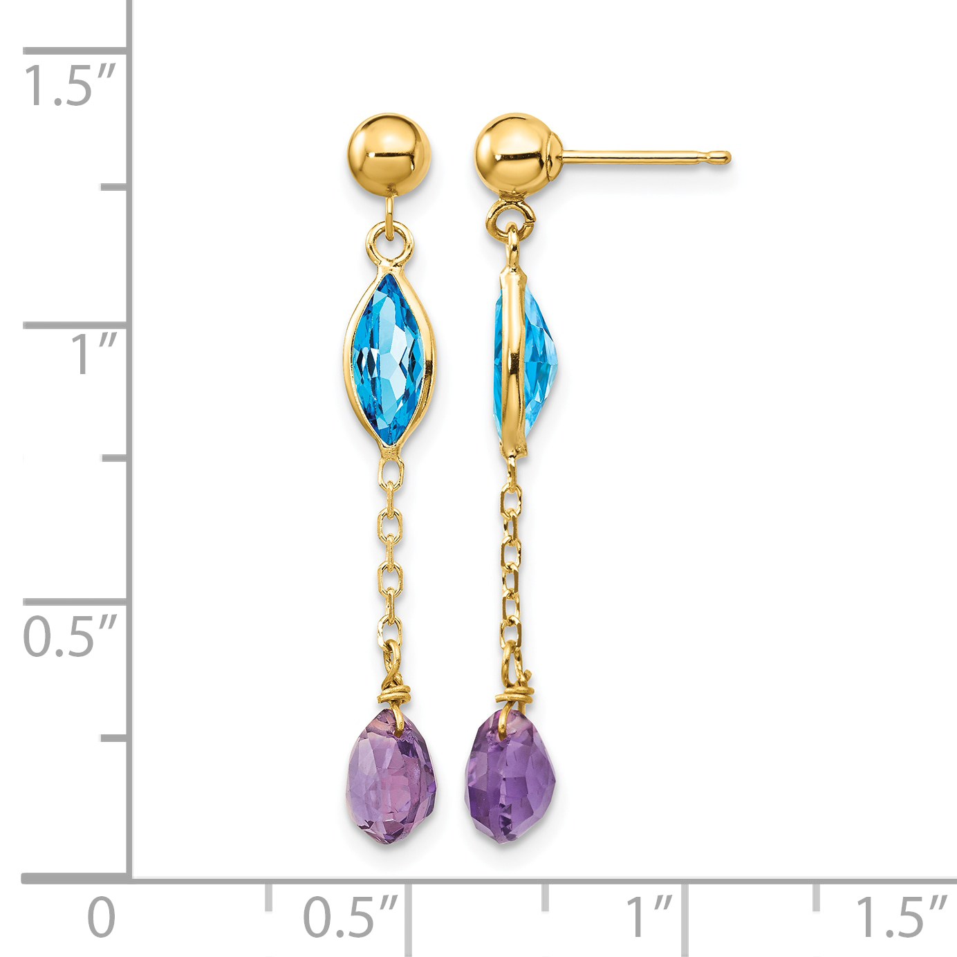 Amethyst Blue Topaz Dangle Post Earrings 14k Yellow Gold 35x5mm Women's product image view 4