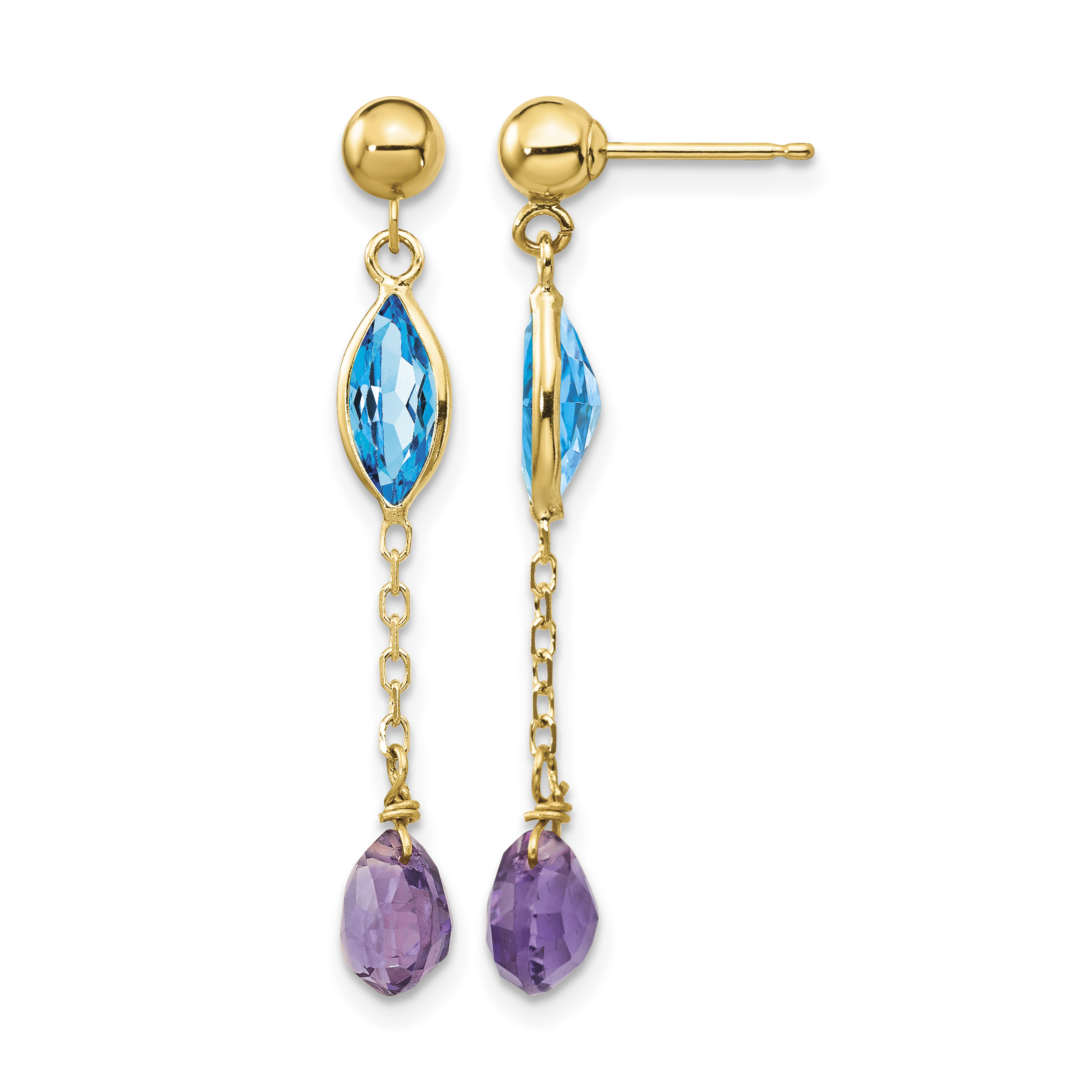 Amethyst Blue Topaz Dangle Post Earrings 14k Yellow Gold 35x5mm Women's main product image